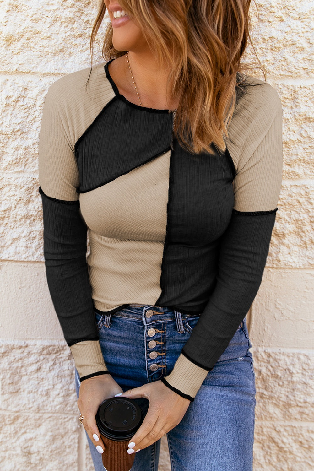 Color Block Round Neck Long Sleeve T-Shirt Luvéillé