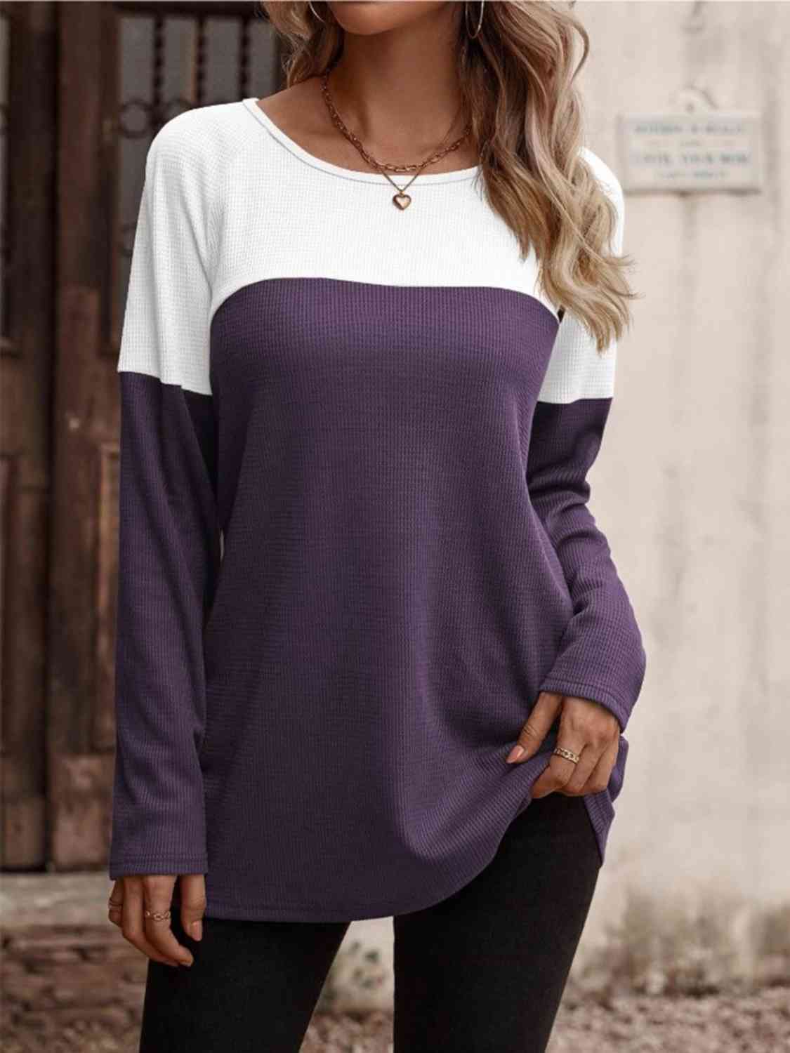 Contrast Round Neck Long Sleeve T-Shirt Luvéillé