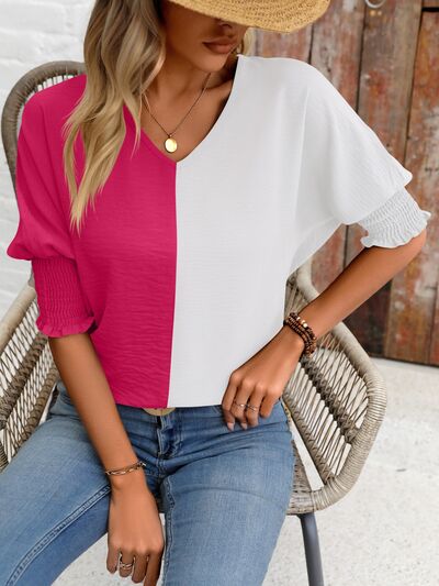 Contrast V-Neck Lantern Sleeve Blouse Luvéillé