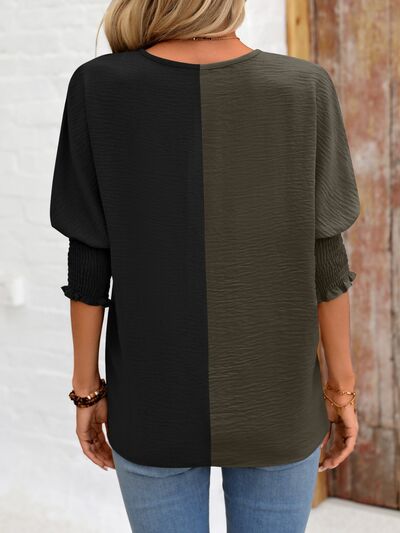 Contrast V-Neck Lantern Sleeve Blouse Luvéillé