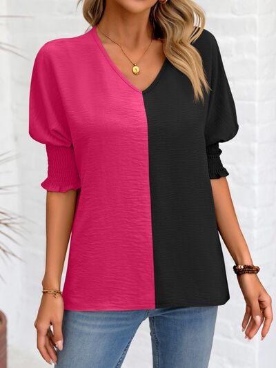 Contrast V-Neck Lantern Sleeve Blouse Luvéillé