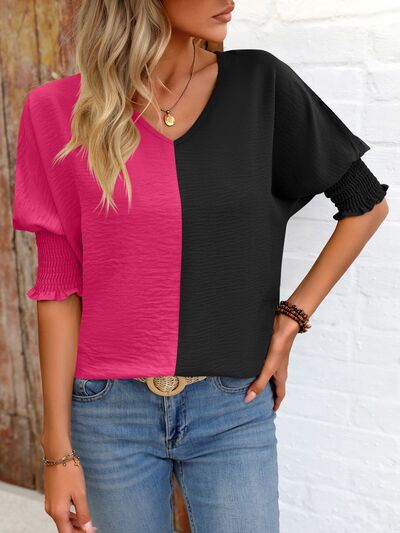 Contrast V-Neck Lantern Sleeve Blouse Luvéillé