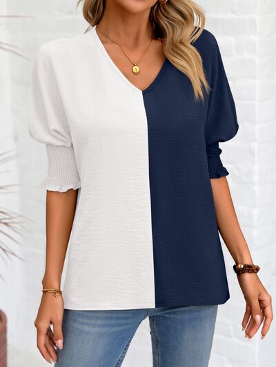 Contrast V-Neck Lantern Sleeve Blouse Luvéillé