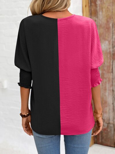 Contrast V-Neck Lantern Sleeve Blouse Luvéillé