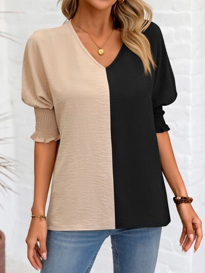 Contrast V-Neck Lantern Sleeve Blouse Luvéillé