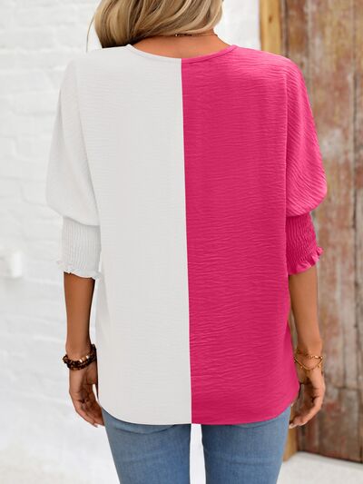 Contrast V-Neck Lantern Sleeve Blouse Luvéillé
