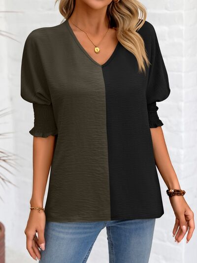 Contrast V-Neck Lantern Sleeve Blouse Luvéillé