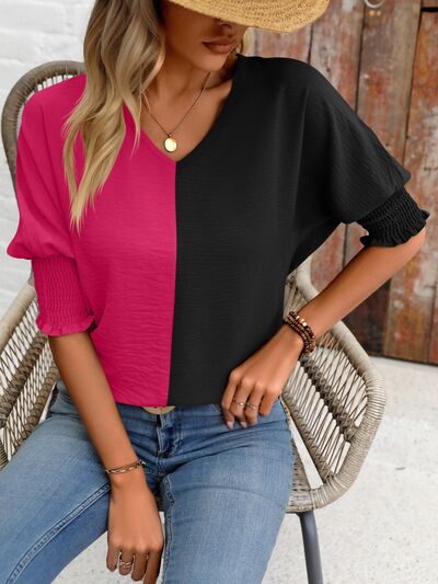Contrast V-Neck Lantern Sleeve Blouse Luvéillé