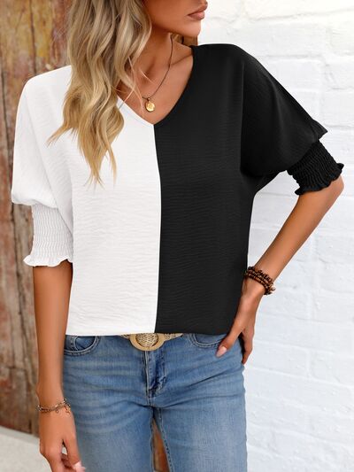 Contrast V-Neck Lantern Sleeve Blouse Luvéillé