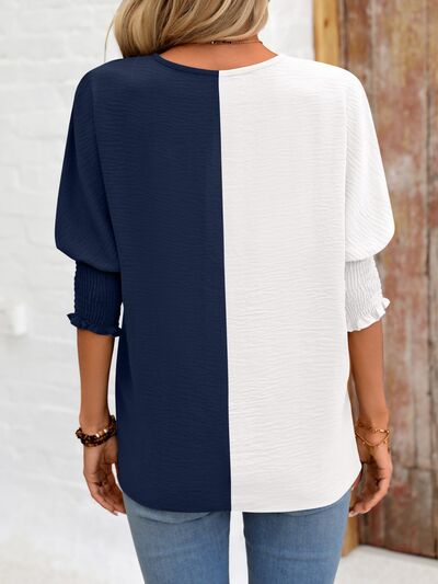 Contrast V-Neck Lantern Sleeve Blouse Luvéillé