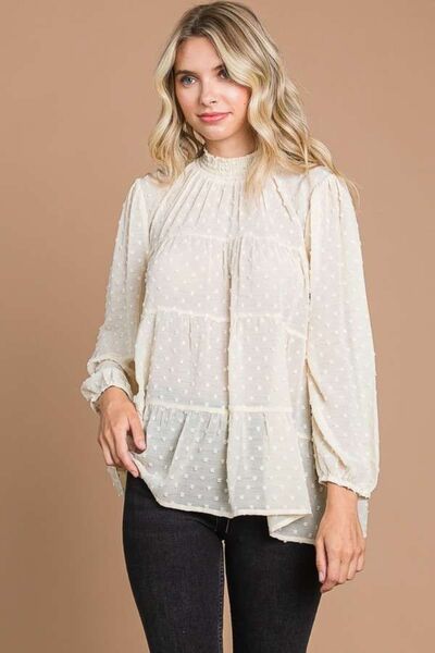 Culture Code Full Size Swiss Dot Smocked Mock Neck Blouse Luvéillé