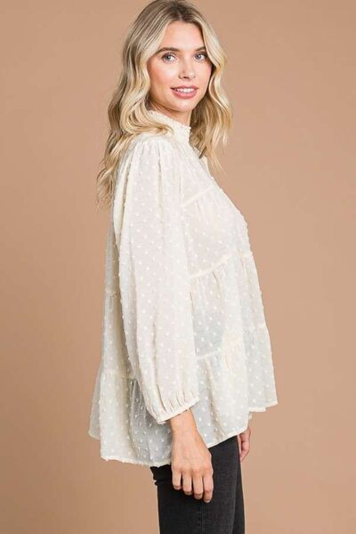 Culture Code Full Size Swiss Dot Smocked Mock Neck Blouse Luvéillé