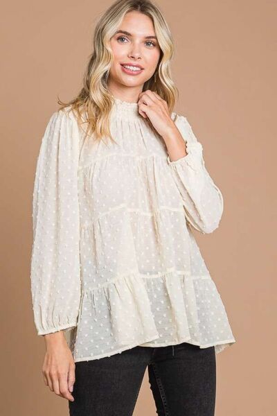 Culture Code Full Size Swiss Dot Smocked Mock Neck Blouse Luvéillé