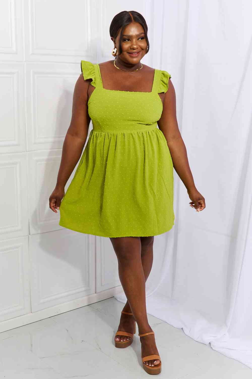 Culture Code Sunny Days Full Size Empire Line Ruffle Sleeve Dress in Lime Luvéillé