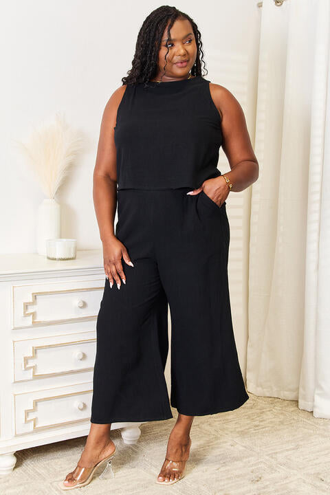 Double Take Buttoned Round Neck Tank and Wide Leg Pants Set Luvéillé