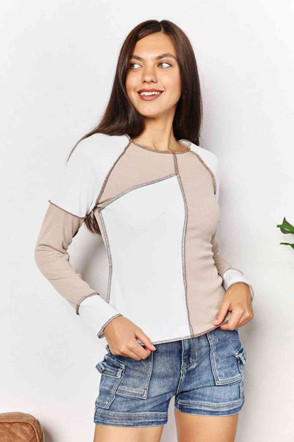 Double Take Color Block Exposed Seam Top Luvéillé