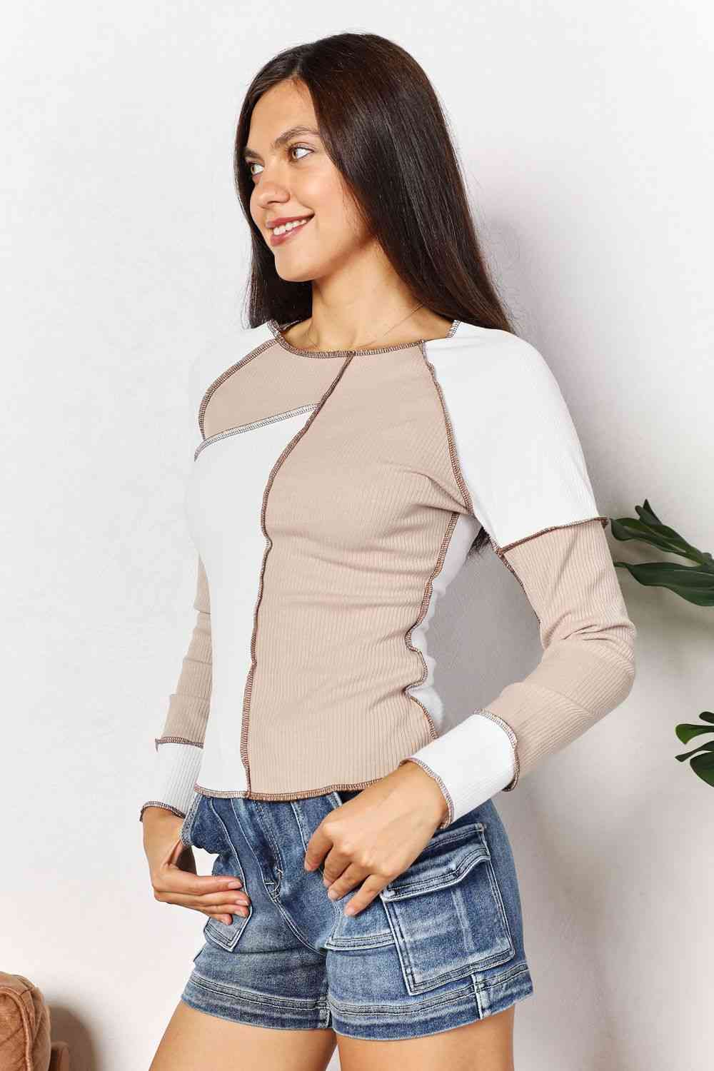 Double Take Color Block Exposed Seam Top Luvéillé