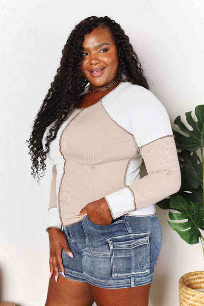 Double Take Color Block Exposed Seam Top Luvéillé
