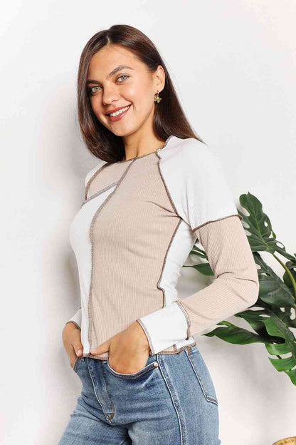 Double Take Color Block Exposed Seam Top Luvéillé