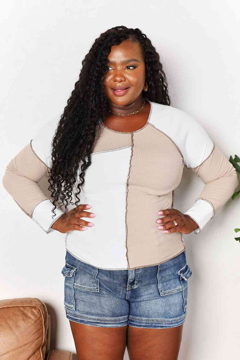 Double Take Color Block Exposed Seam Top Luvéillé