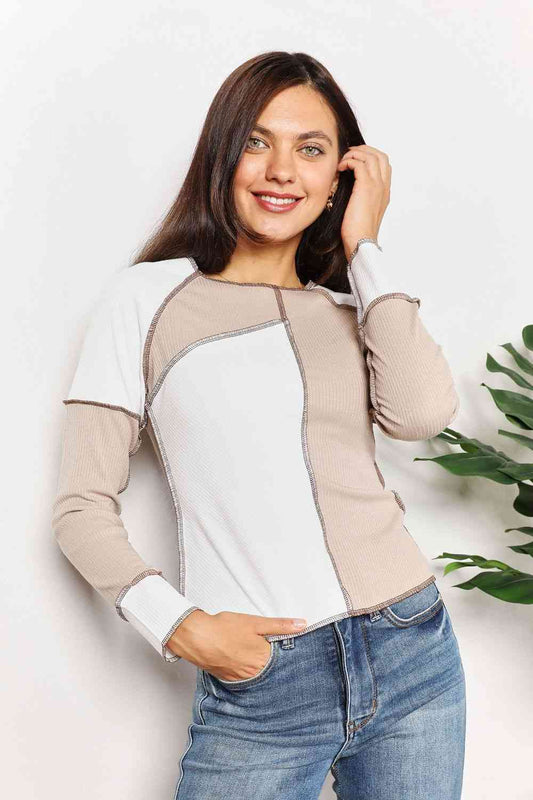 Double Take Color Block Exposed Seam Top Luvéillé