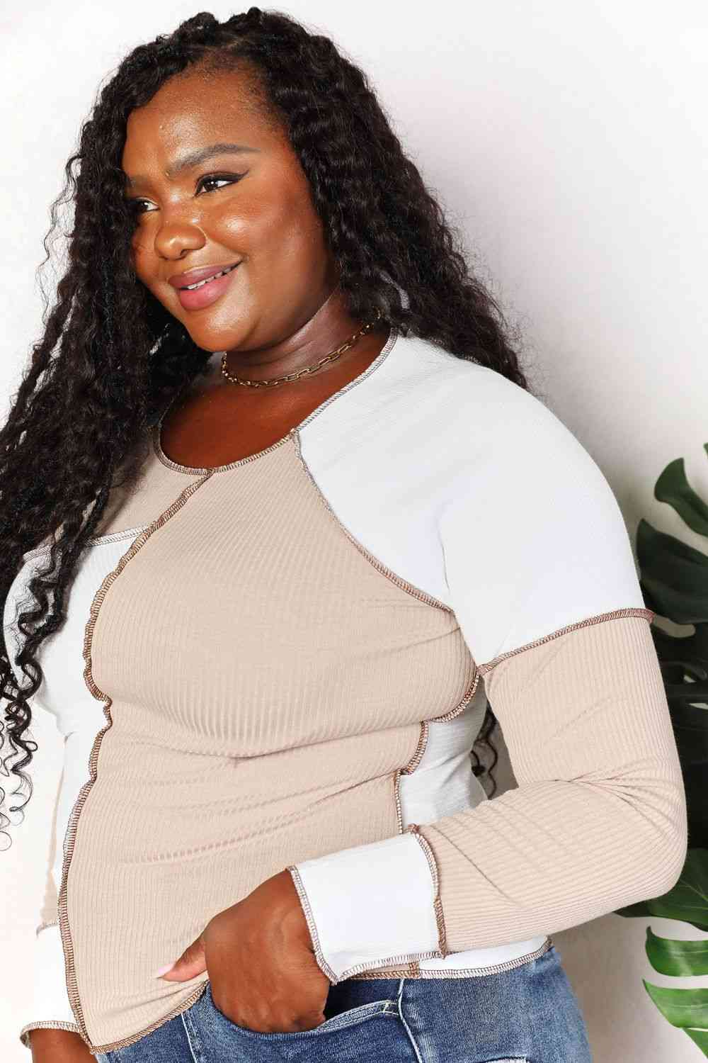 Double Take Color Block Exposed Seam Top Luvéillé