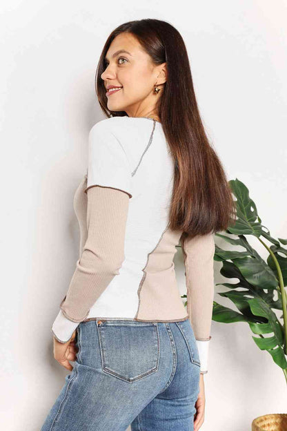 Double Take Color Block Exposed Seam Top Luvéillé
