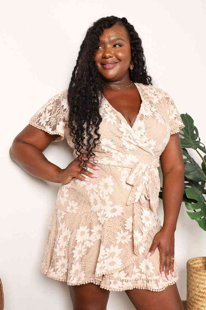 Double Take Floral Lace Pompom Detail Tie-Waist Flutter Sleeve Dress Luvéillé