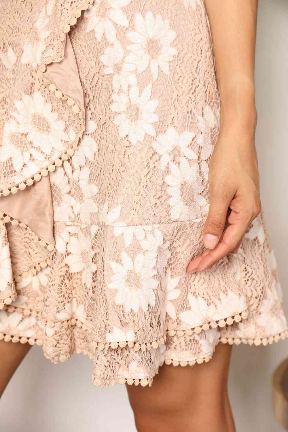Double Take Floral Lace Pompom Detail Tie-Waist Flutter Sleeve Dress Luvéillé