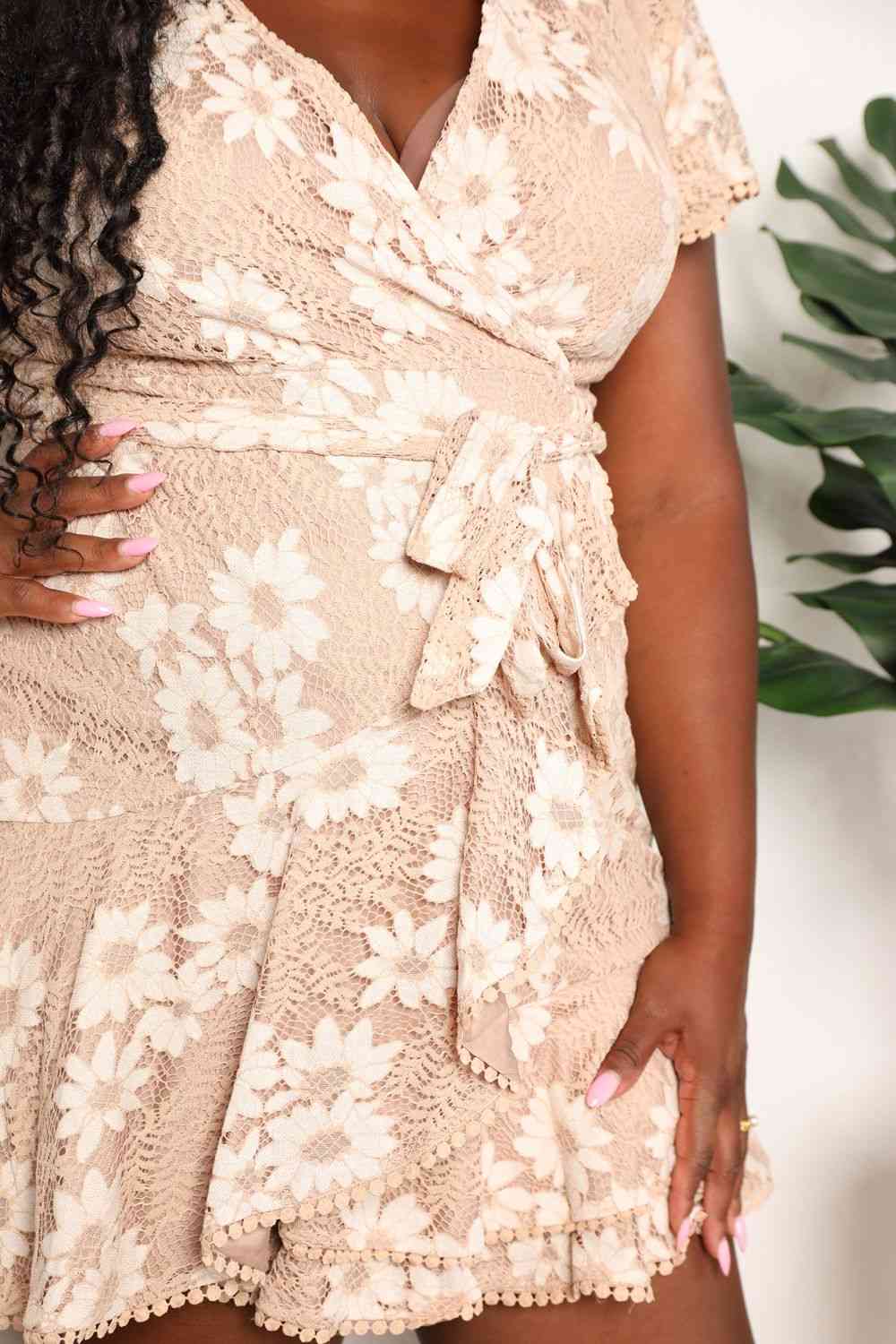 Double Take Floral Lace Pompom Detail Tie-Waist Flutter Sleeve Dress Luvéillé