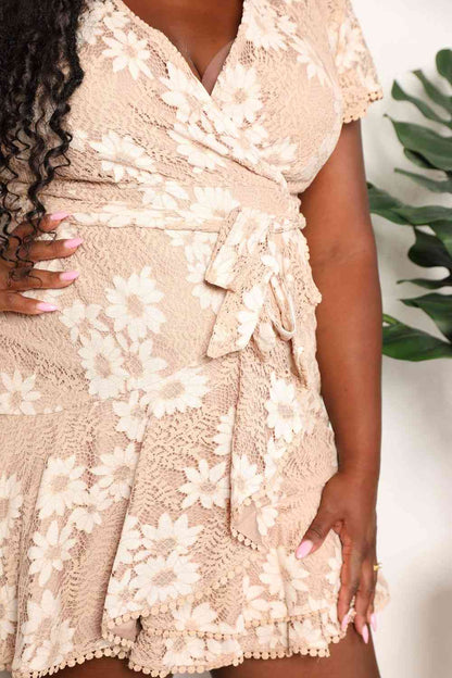 Double Take Floral Lace Pompom Detail Tie-Waist Flutter Sleeve Dress Luvéillé