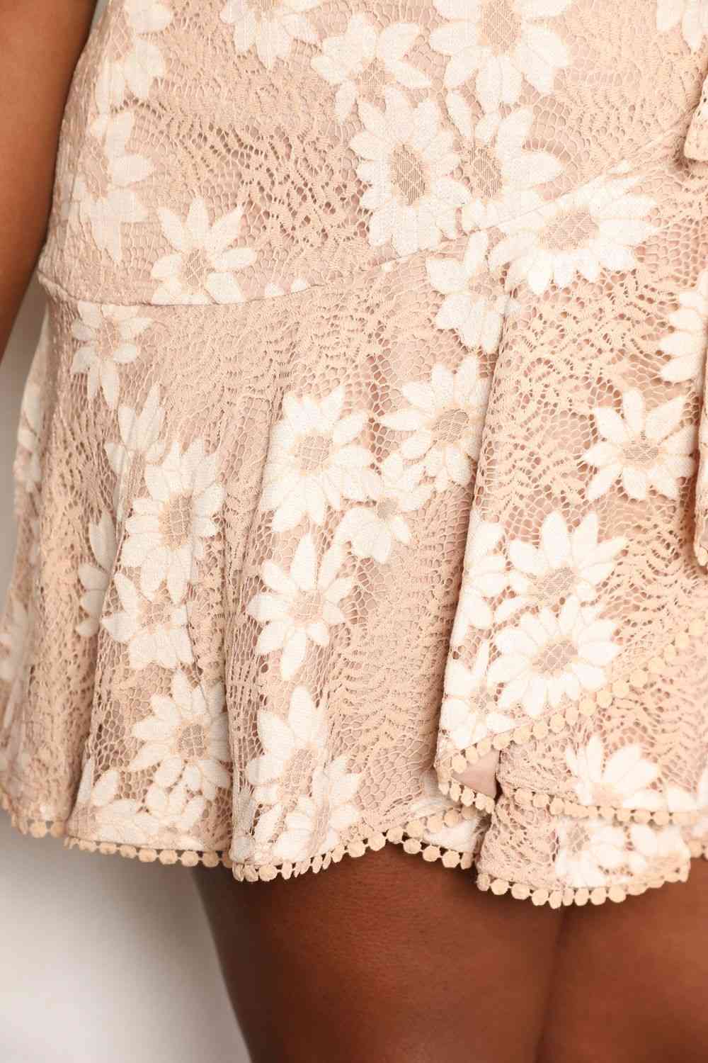 Double Take Floral Lace Pompom Detail Tie-Waist Flutter Sleeve Dress Luvéillé