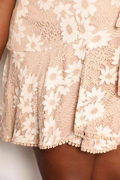 Double Take Floral Lace Pompom Detail Tie-Waist Flutter Sleeve Dress Luvéillé