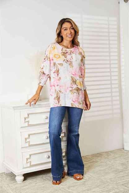 Double Take Floral Round Neck Three-Quarter Sleeve Top Luvéillé