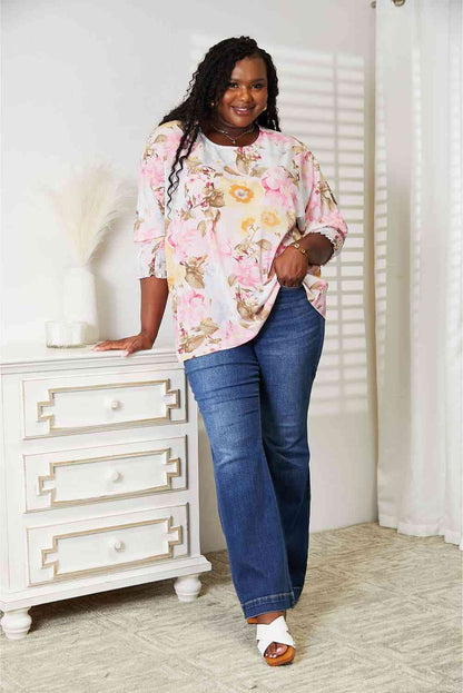 Double Take Floral Round Neck Three-Quarter Sleeve Top Luvéillé