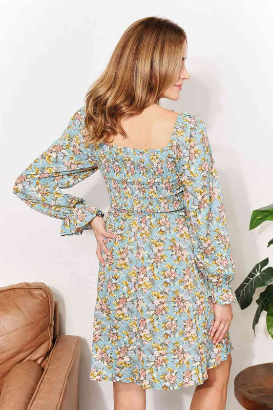 Double Take Floral Smocked Flounce Sleeve Square Neck Dress Luvéillé