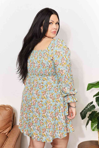 Double Take Floral Smocked Flounce Sleeve Square Neck Dress Luvéillé