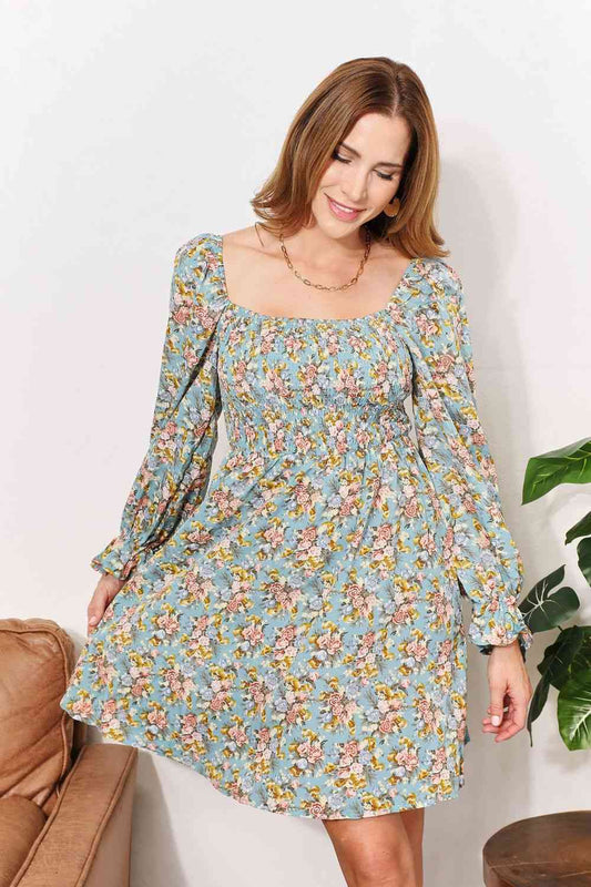 Double Take Floral Smocked Flounce Sleeve Square Neck Dress Luvéillé