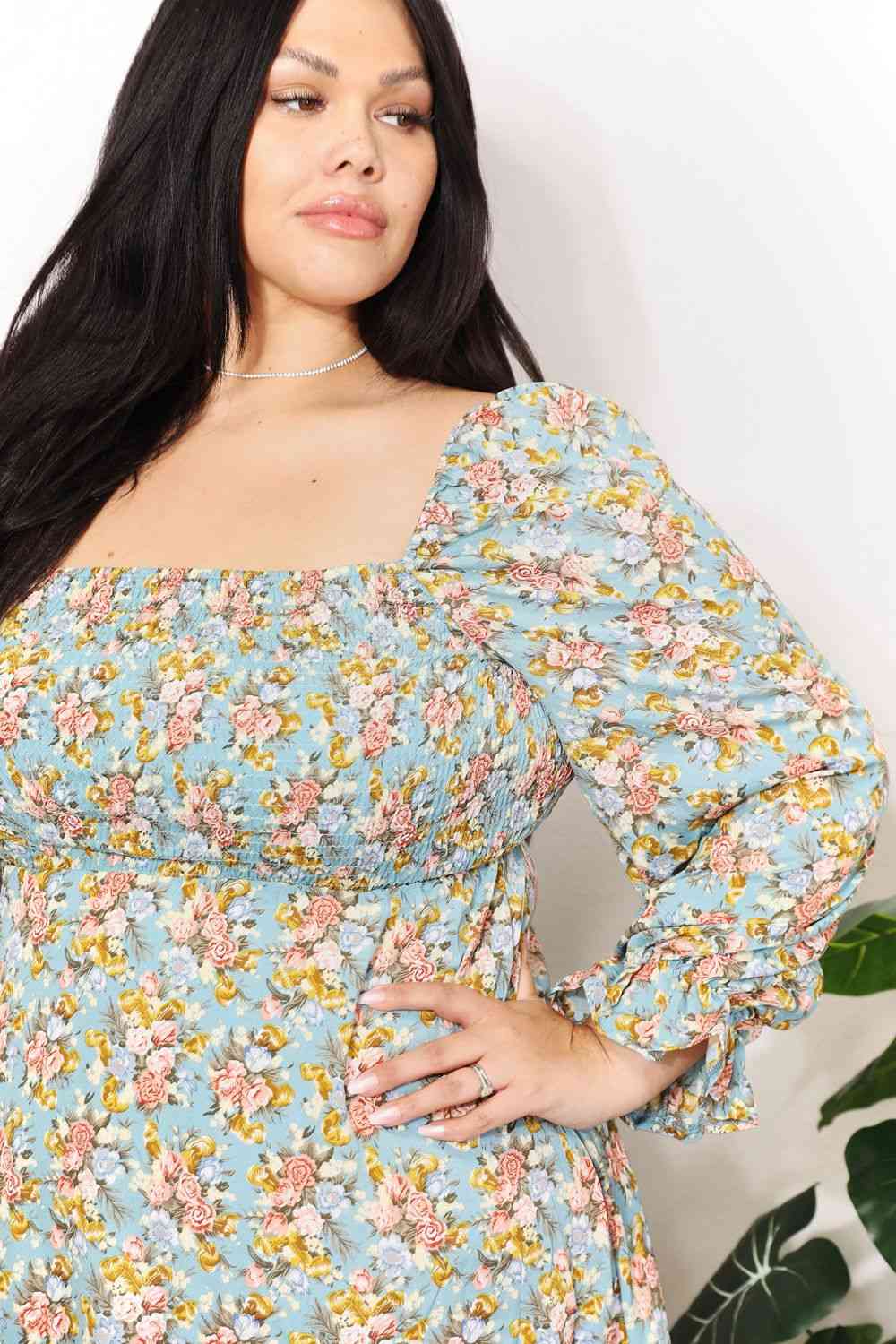 Double Take Floral Smocked Flounce Sleeve Square Neck Dress Luvéillé