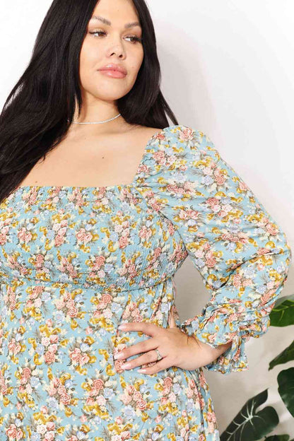 Double Take Floral Smocked Flounce Sleeve Square Neck Dress Luvéillé