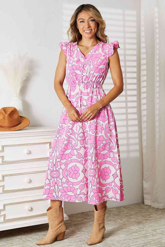Double Take Floral V-Neck Cap Sleeve Dress Luvéillé
