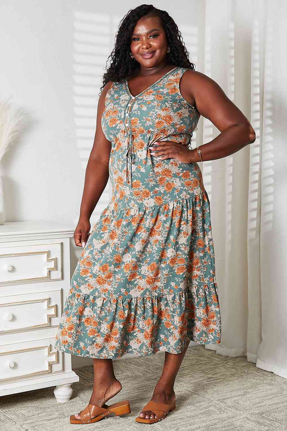 Double Take Floral V-Neck Tiered Sleeveless Dress Luvéillé