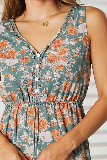 Double Take Floral V-Neck Tiered Sleeveless Dress Luvéillé