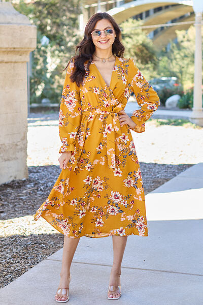 Double Take Full Size Floral Tie Back Flounce Sleeve Dress Luvéillé
