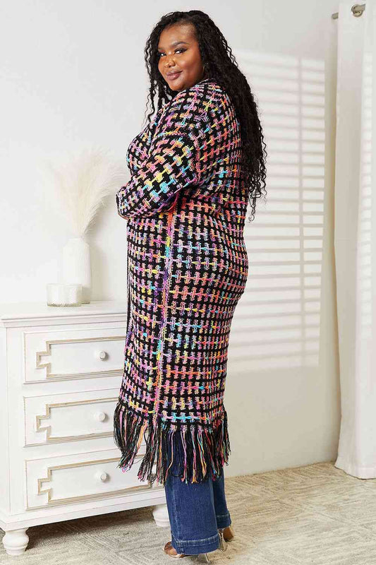 Double Take Full Size Multicolored Open Front Fringe Hem Cardigan Luvéillé