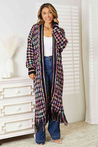 Double Take Full Size Multicolored Open Front Fringe Hem Cardigan Luvéillé