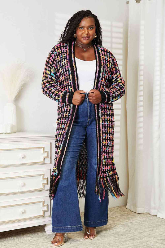 Double Take Full Size Multicolored Open Front Fringe Hem Cardigan Luvéillé