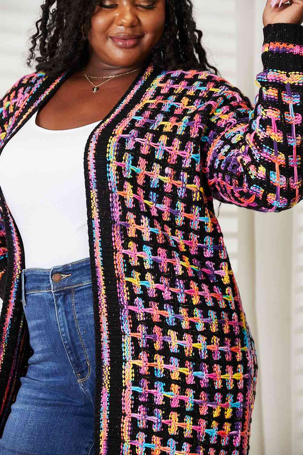 Double Take Full Size Multicolored Open Front Fringe Hem Cardigan Luvéillé