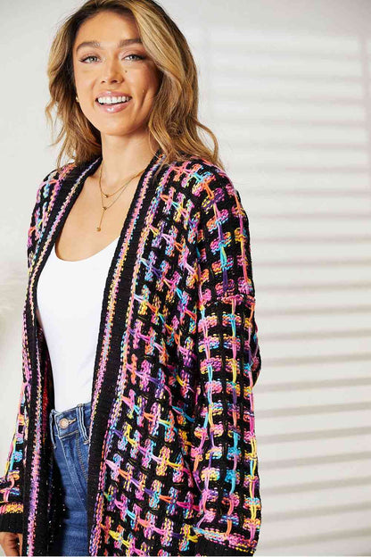 Double Take Full Size Multicolored Open Front Fringe Hem Cardigan Luvéillé