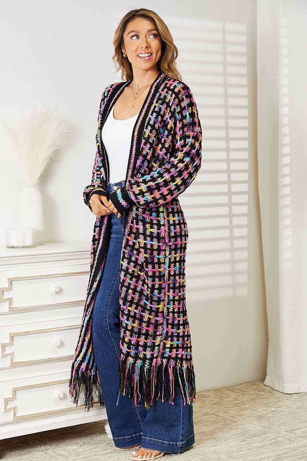 Double Take Full Size Multicolored Open Front Fringe Hem Cardigan Luvéillé